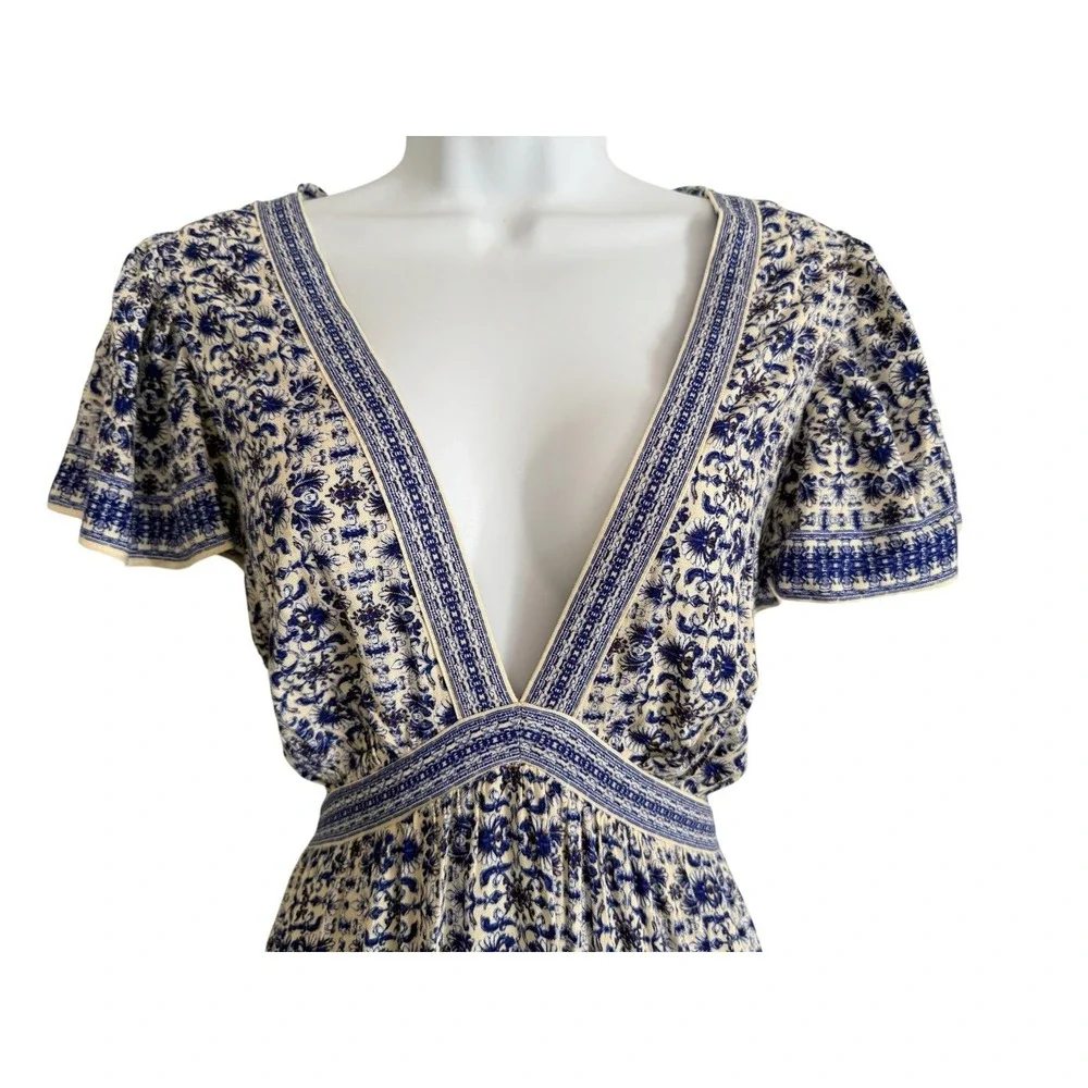 Boho Maxi Dress L Blue White Floral Deep V Empire Waist Cottagecore Vacation - Picture 4 of 10